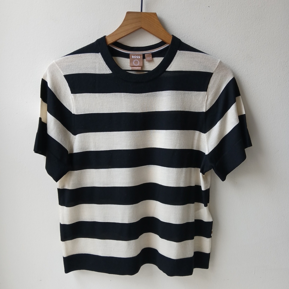Hugo Boss Short Sleeve Sweater Black Cream Stripe Women's Small